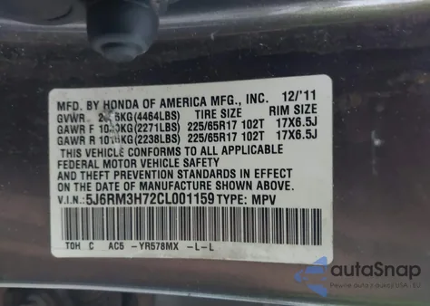 2012 Honda Cr-V Ex-L from USA, damaged, VIN 5J6RM3H72CL001159